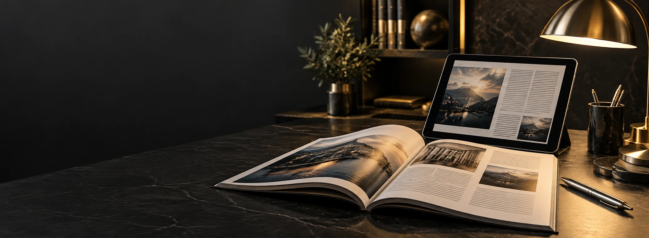 Open editorial magazine, tablet and gold desk lamp