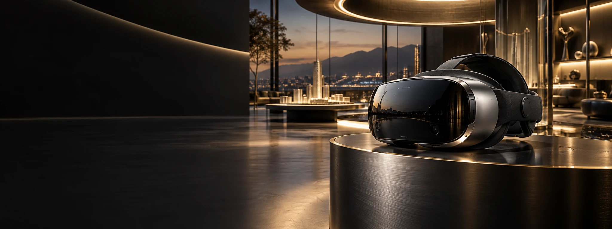 VR headset in a gold-lit architectural showroom